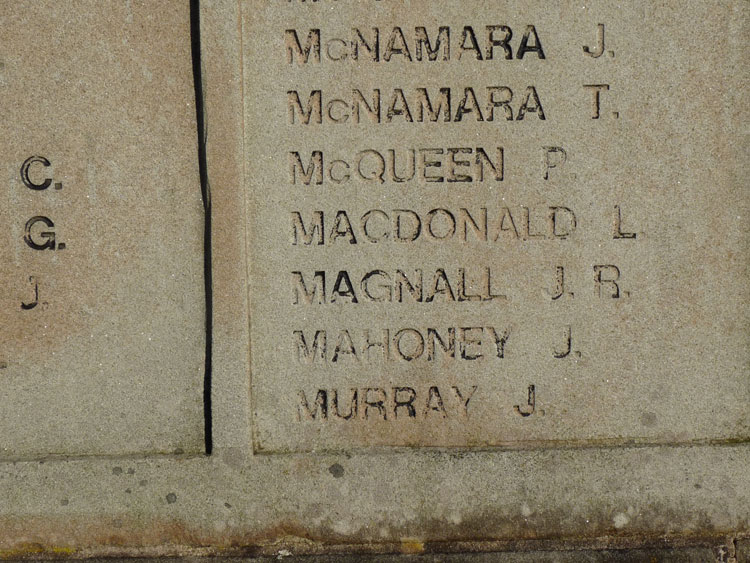 Private Mahoney's Name on the Ince-in-Makerfield Memorial.