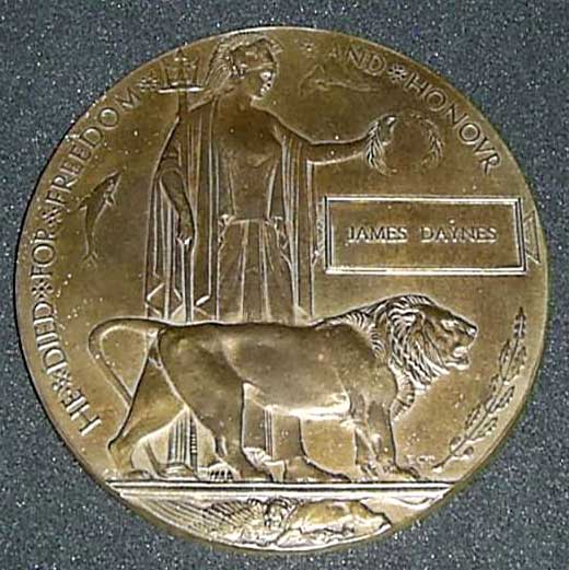 A Commemorative Plaque, as issued to the next of kin of service personnel who had died of war injuries, for James Daynes.