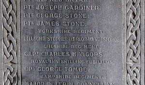 Lt. Christopher Butler Prior-Wandesforde's name as it appears on the War Memorial in St. Canice's Cathedral, Kilkenny (Eire)