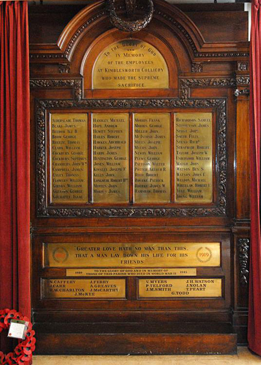 The First World War Memorial Plaque in the Kimblesworth Colliery Memorial Hall