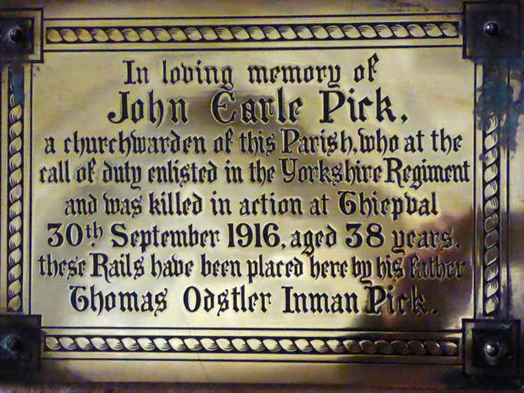 The Memorial Plaque in Memory of John Earle Pick Inside the Church