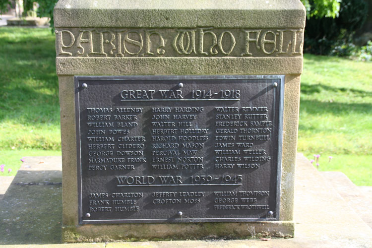 The plaque on the base of the Memorial Cross, Kirkbymoorside. 