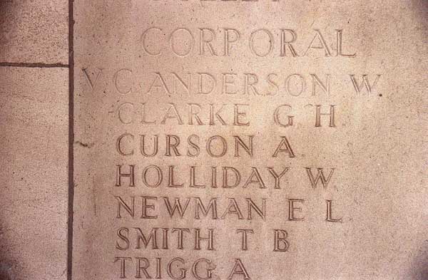 Part of the Panel on the Le Touret Memorial showing the name of Corporal Anderson, VC