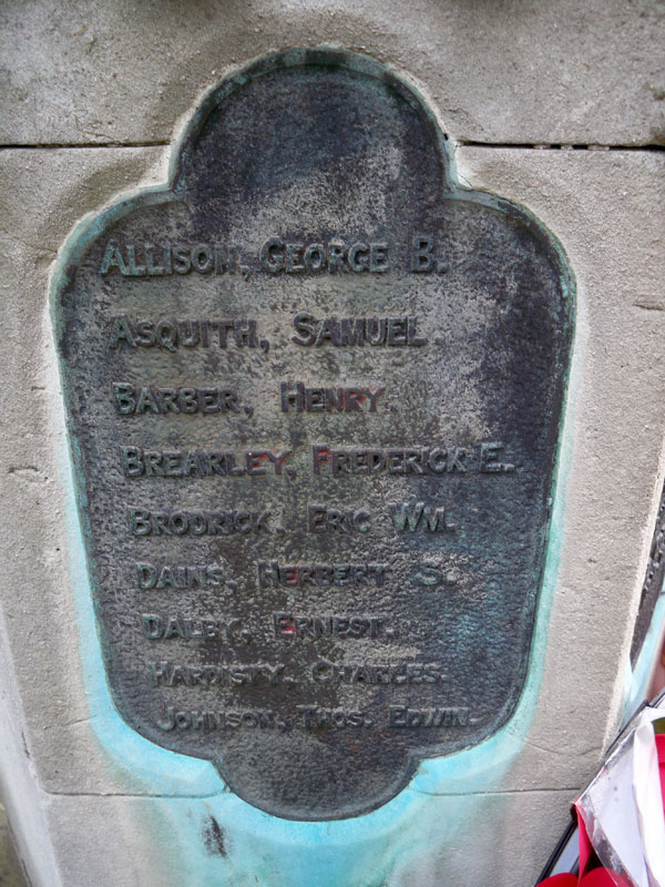 The Dedication Panel on the War Memorial for East Keswick, Leeds, bearing 2nd Lieut Brodrick's name.