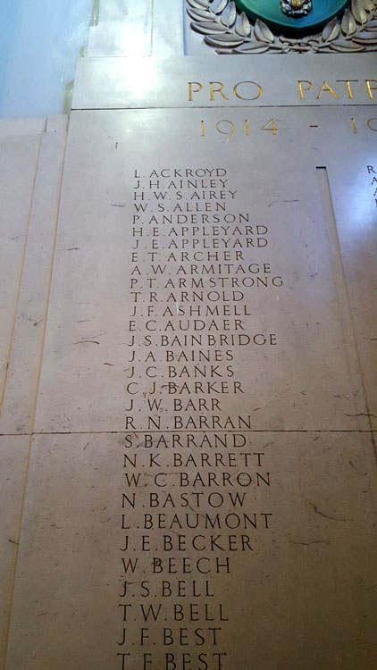 Captain Bainbridge's Name on the War Memorial in the Brotherton Library, Leeds University