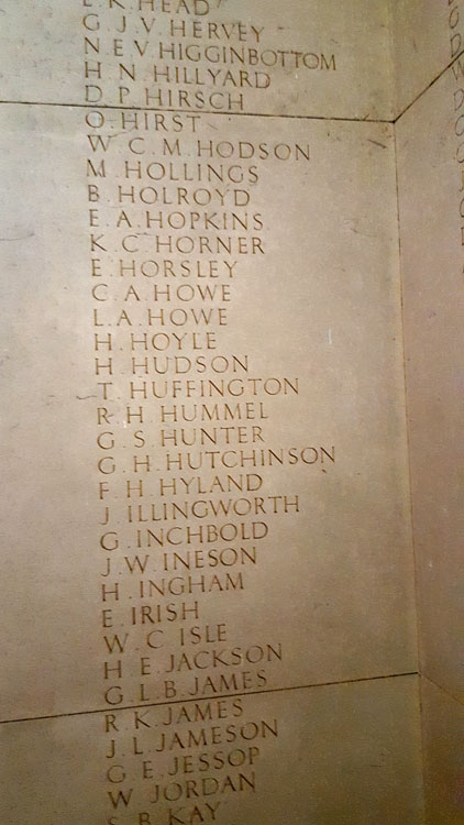 The Names of Captains Hirsch & Huffington and Lieutenants Hutchinson & Hyand on the War Memorial in the Brotherton Library, Leeds University