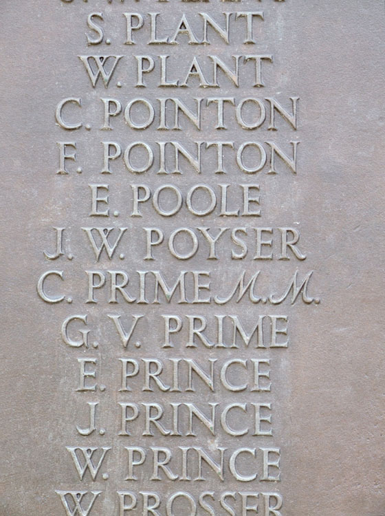 Names on the Leek (Staffordshire) War Memorial including that of Private Pointon. 