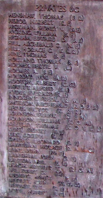 The panels on the Lenton Memorial bearing the names of soldiers of the Yorkshire Regiment