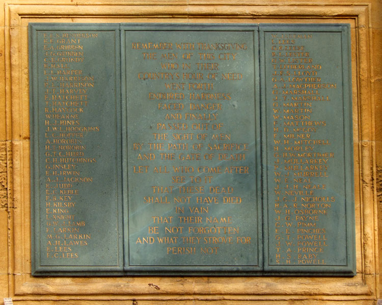 The Dedication, with Names "G" - "P" on the Lichfield War Memorial