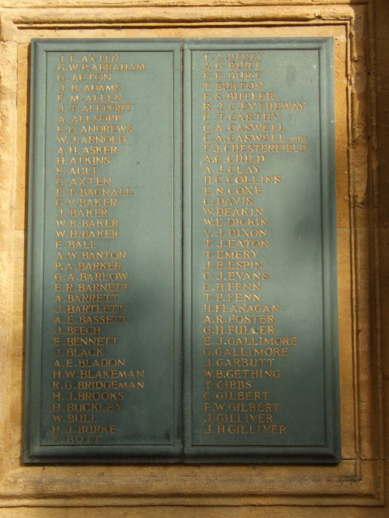 Names "A" - "G" on the Lichfield War Memorial 