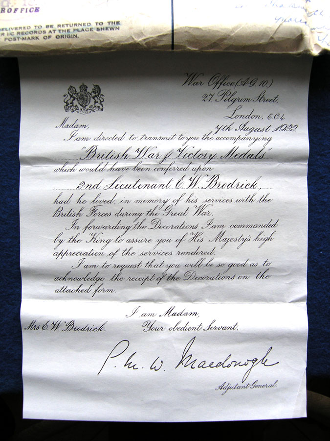 The medals were posted to Lieutenant Brodrick's widow by the War Office on 7 August 1922, accompanied by a very ornately printed covering letter.