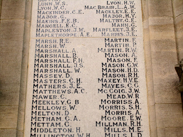 The Names on the War Memorial for Lincoln, including that of Bert Marshall.