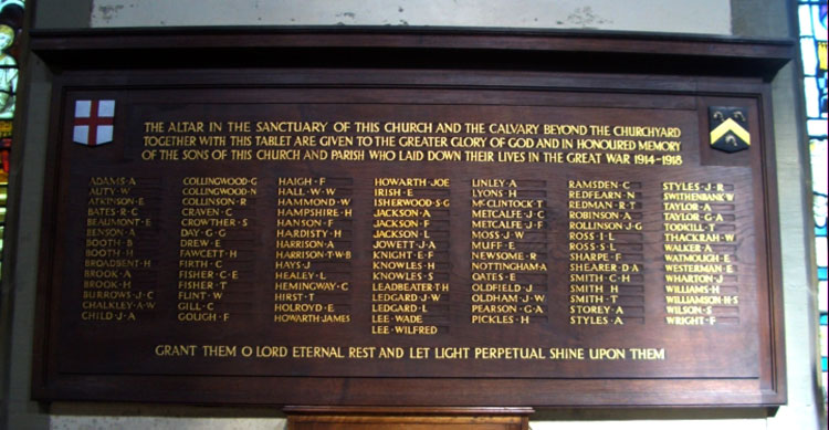 The First World War Memorial in Christ Church, Liversedge