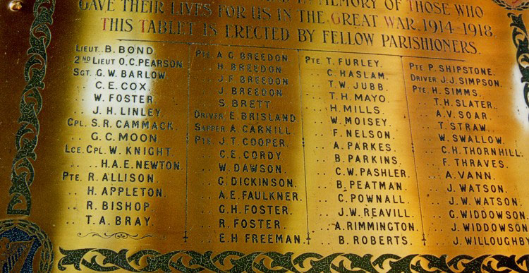 Names on the Main War Memorial in St. Mary's Church, Lowdham