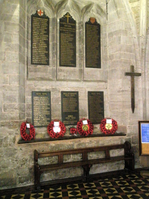 Commemorative Plaques with Names for the Second World War (lower set) in St. 
    Leonard's, Ludlow. Beside the Plaques is the Battlefield 