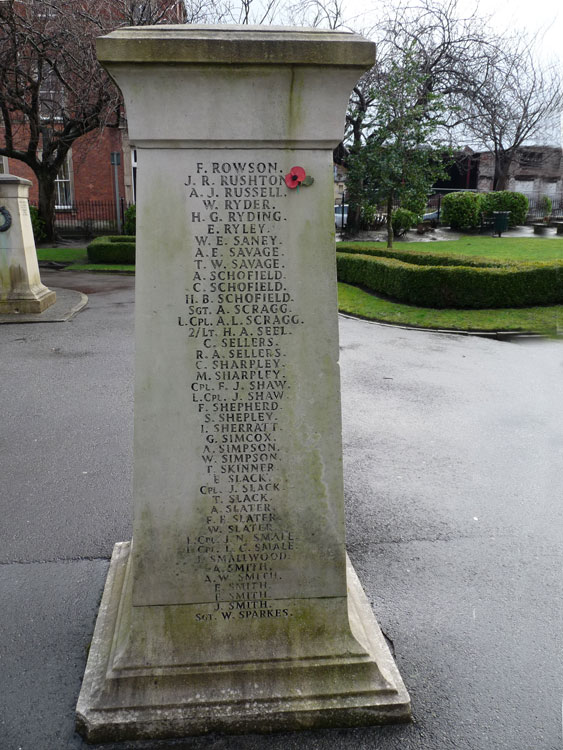 Private Sharpley's and Corporal Slack's Names on the Macclesfield War Memorial