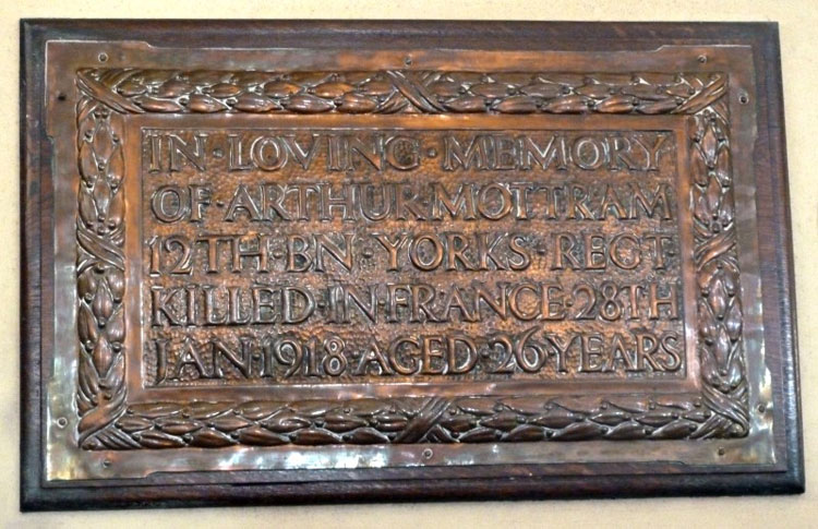 The Plaque Commemorating Arthur Mottram in Christ Church, Macclesfield