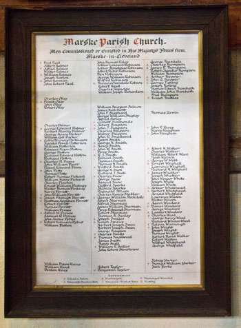 The First World War Roll of Honour in the Chapel of St. Mark's Church, Marske (Cleveland).