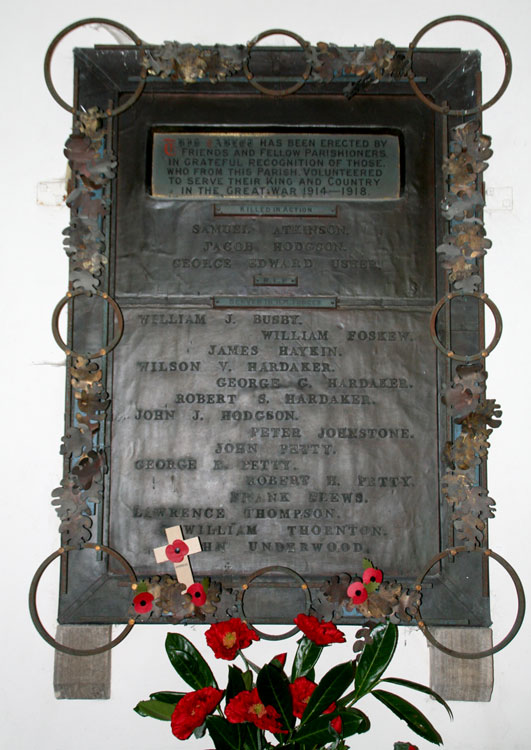 The First World War Memorial Plaque in St.Edmund's Curch, Marske (Swaledale)