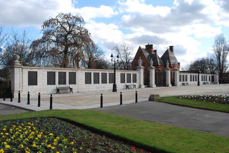 The 24 panels of the Middlesbrough War Memorial, at the entrance to Albert Park