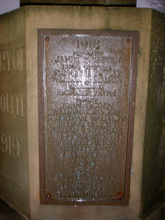 Private Land's name amongst the names of the fallen on the Milford War Memorial
