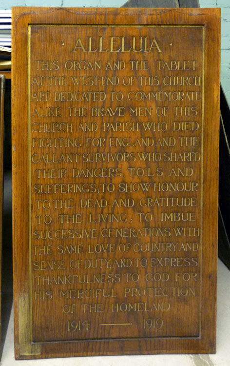 The Commemorative Plaque for the organ that was originally in St. James' Church