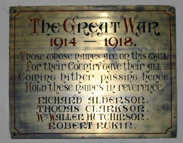 The memorial plaque in the Church of St. Mary's, Muker. (Photo : Edward Nicholl)