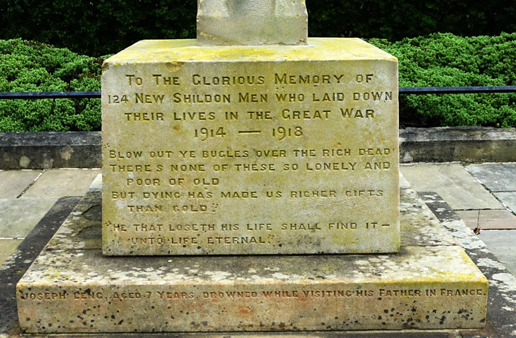 The Dedication on the War Memorial for New Shildon, Co. Durham.