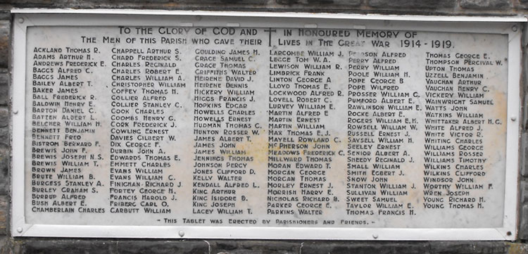The names on the War Memorial outside All Saint's Church, Newport (Monmouthshire).