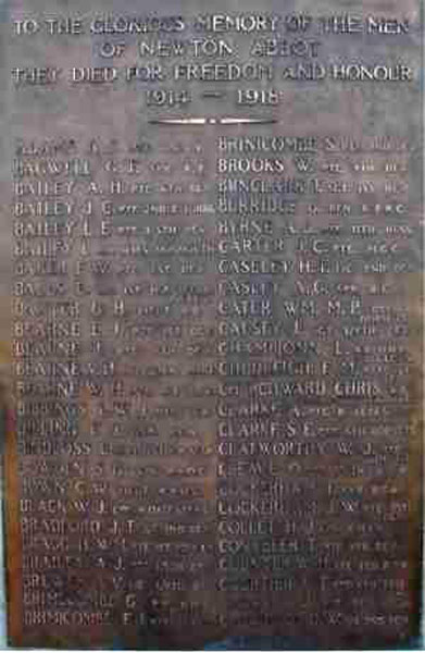 The front panel of the Newtron Abbot First World War Memorial on which Private Bailey's Name is Found