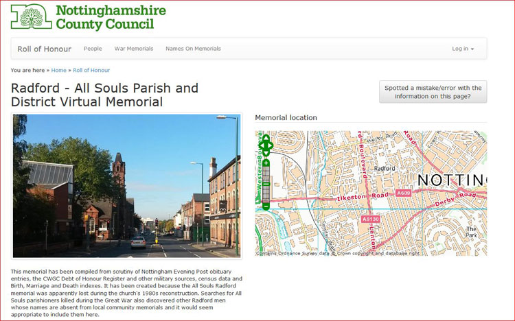 The Virtual War Memorial for All Souls' Church, Radford