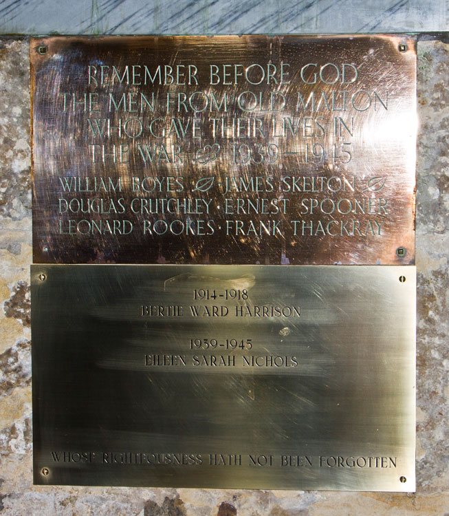 The Second World War Memorial in St. Michael's Church, Malton, with the "Addendum Plaque" below it