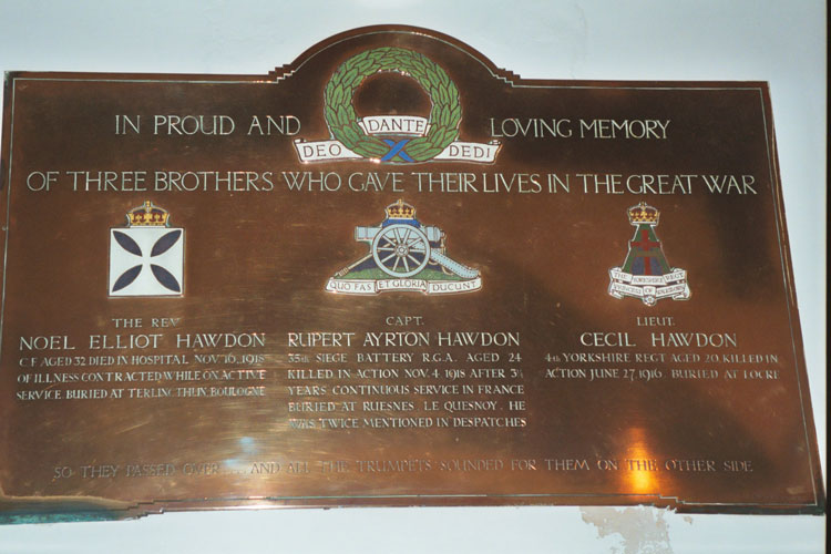 The plaque commemorating The Revd. Noel Elliot Hawdon, Captain Rupert Ayrton Hawdon, and Lieutenant Cecil Hawdon, - three brothers who were all killed in the First World War