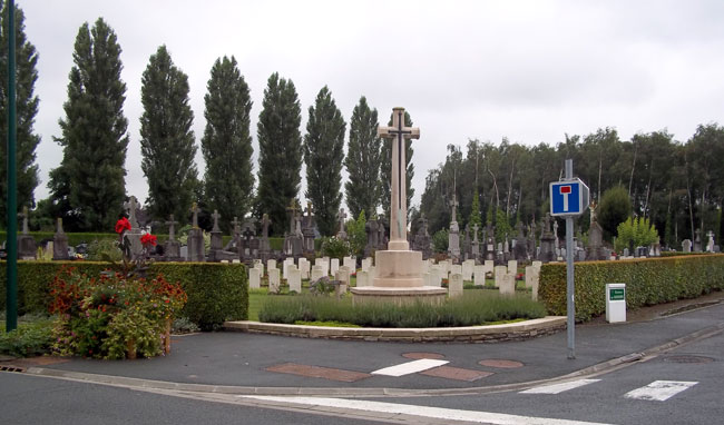 The Bois-Grennier Communal Cemetery and the Cross of Sacrifice