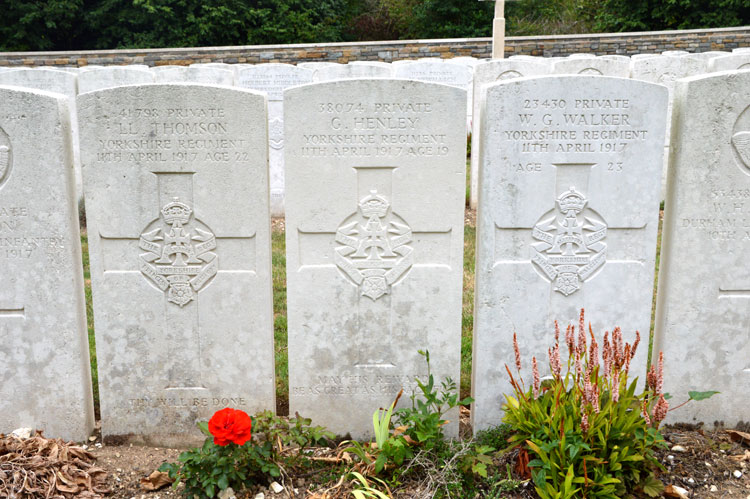 The Headstones for Privates Thompson, Henley and Walker in Cojeul British Cemetery 