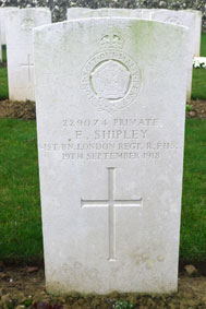 Private Frederick Shipley. 229074. 1st Battalion London Regiment (Royal Fusiliers), formerly 2641 the Yorkshire Regiment. Killed 19 September 1918. 