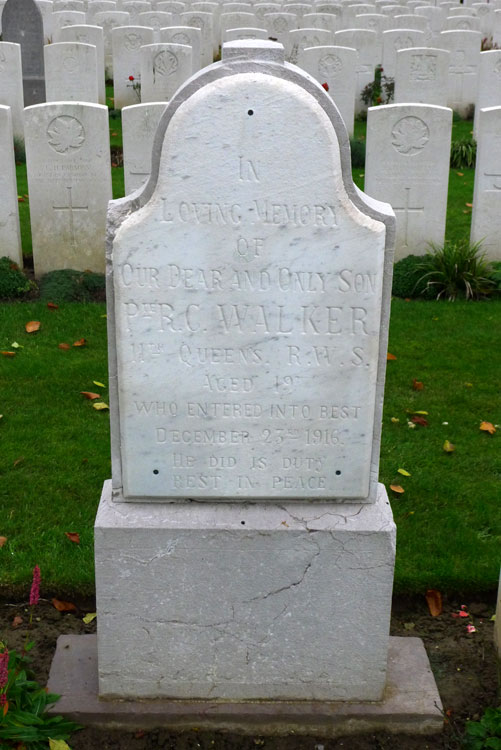 The Headstone for Private R C Walker, The Queen's (Royal West Surrey Regiment)