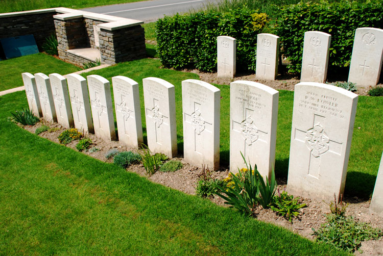 Hibers Trench Cemetery, Wancourt, - Showing the line of Yorkshire Regiment Graves 