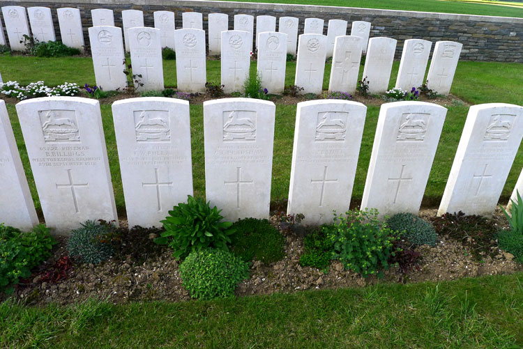 The Headstones for Riflemen Billings (63872), Pullan (62793), Bradshaw (459020, Feather (62316), Taylor (307647), and Shepherd (58765) in Orival Wood Cemetery, Flesquieres