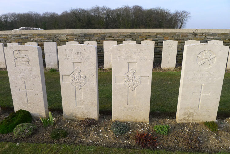 The Headstones for Private Kirk and Lieutenant Goodway in Orival Wood Cemetery, Flesquieres