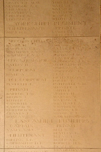 The Names of the men of the Yorkshire Regiment on the Vis-en-Artois Memorial.