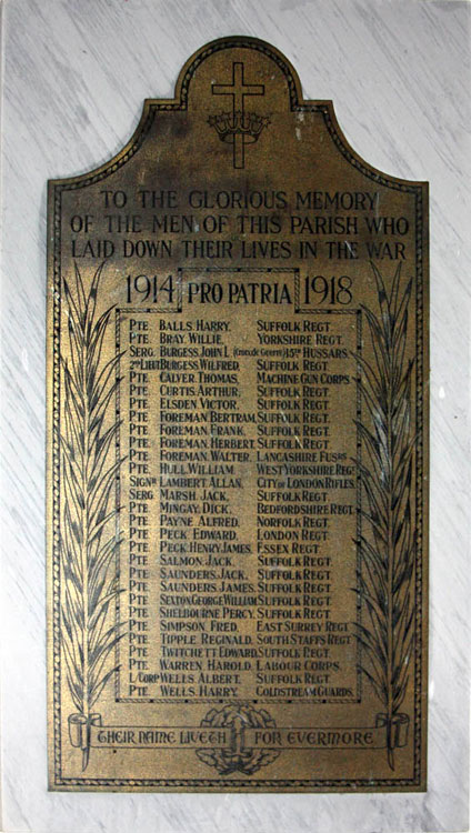 The War Memorial for Pakenham (Suffolk) in St. Mary's Church