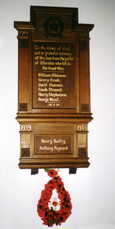 The Memorial Plaque in St. John's Church, Allerston.