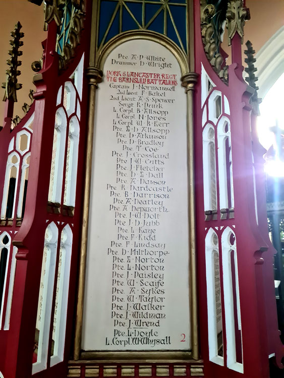 Private Whysall's Name on the War Memorial in St. Mary's Church, Barnsley