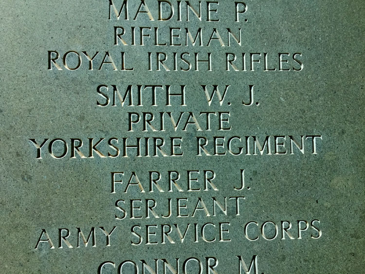 The Brookwood 1914 - 1918 Memorial Panel Commemorating the Name of W J Smith (Detail)