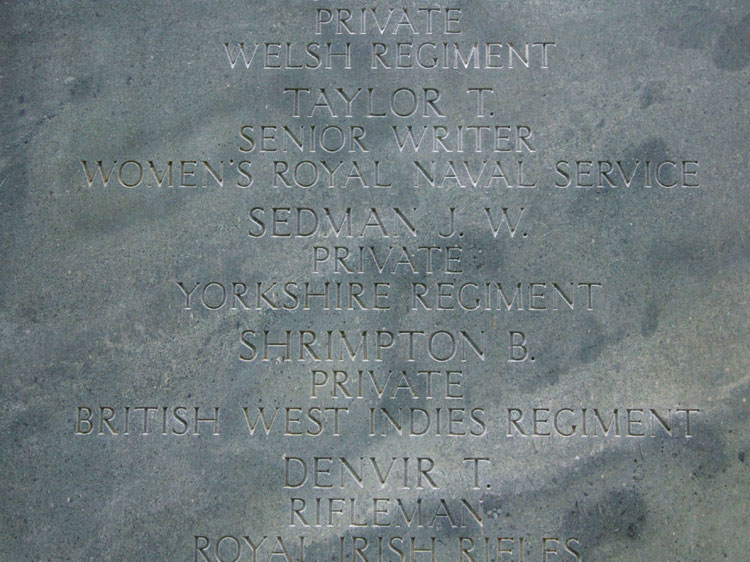The Brookwood 1914 - 1918 Memorial Panel Commemorating the Name of J W Sedman (Detail)