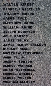 Names of men who lost their lives in the First World War on the Byers Green War Memorial.