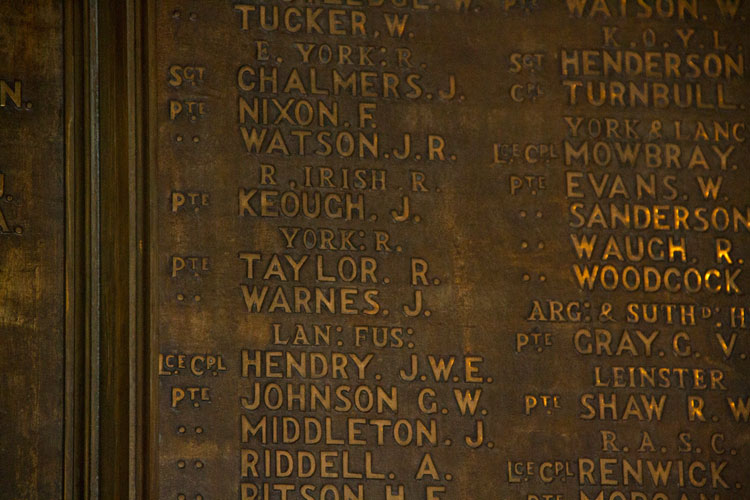 Privates Taylor & Warnes' Names on the Chester-le-Street First World War Memorial in the Church of St. Mary & St. Cuthbert