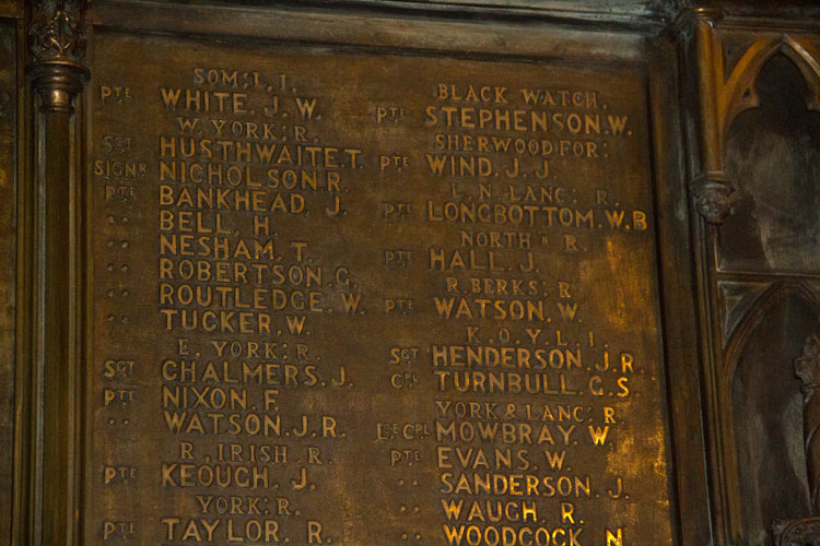 PrivateWaugh's Name on the Chester-le-Street First World War Memorial in the Church of St. Mary & St. Cuthbert