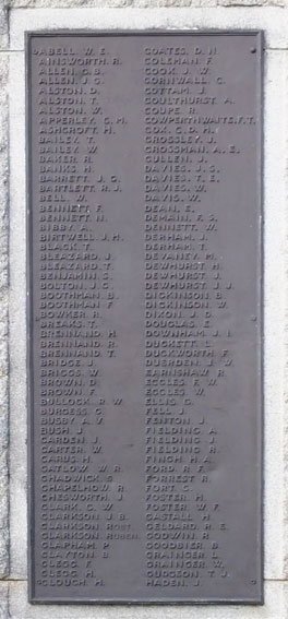 Names "A" - "H" on the Clitheroe (Lancs) War Memorial